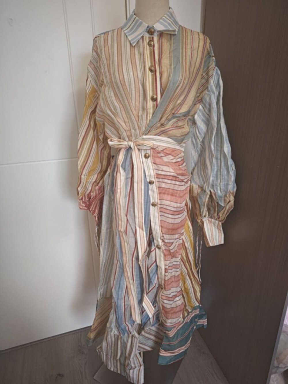 Zimmermann Spliced Stripe Linen Silk Button Front Maxi Dress Belted - Picture 2 of 10
